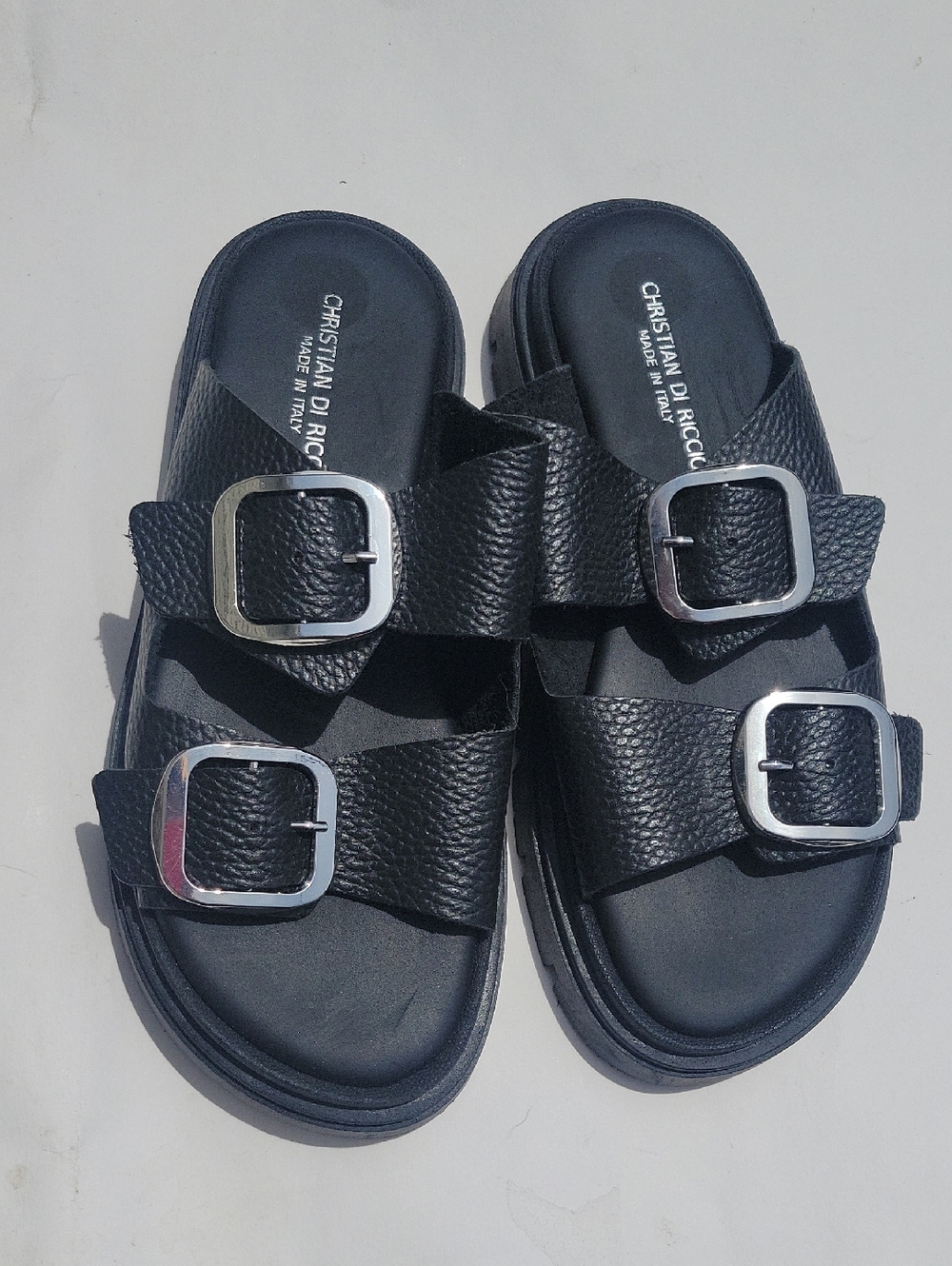 CHRISTIAN DI RICCIO ITALY Black Double-Buckle Lug Slide Sandals size 38 US 7.5
